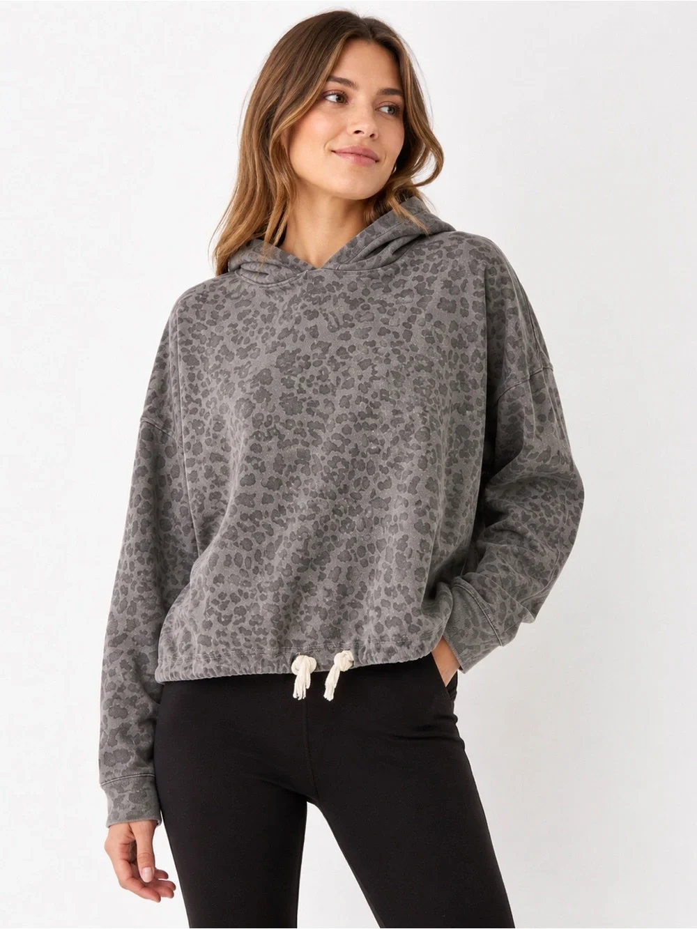 Sundry Leopard Print Drawstring Hem Hoodie Gray Large Size 3 Made in USA